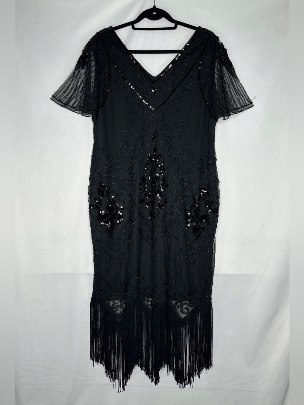 Pretty Guide Retro Dress Black Sequins Fringe V-neck Great Gatsby Sz 3 XL